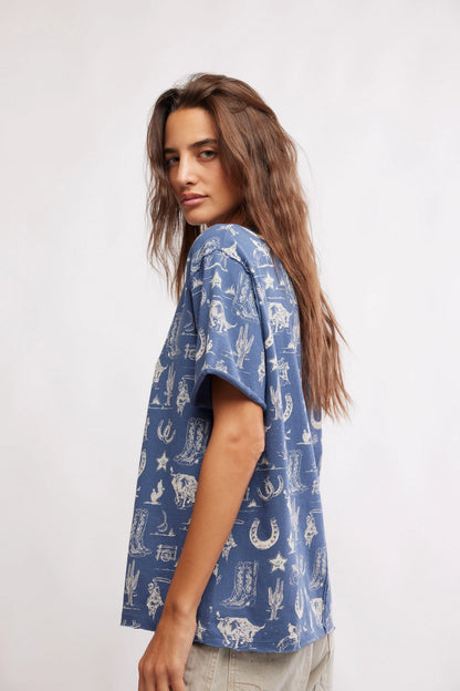 Free People Navy Painted Floral Tee