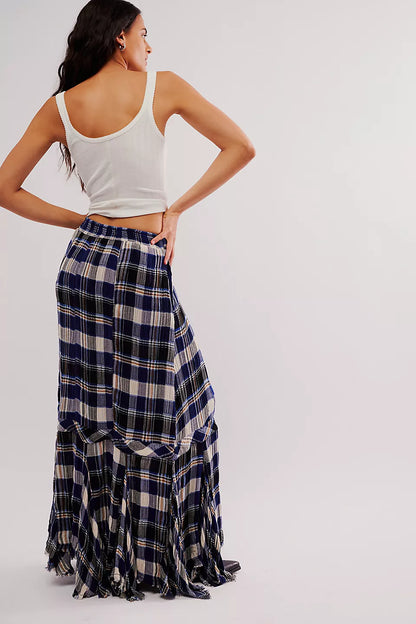 Free People Navy Combo Bordeaux Plaid Maxi Skirt