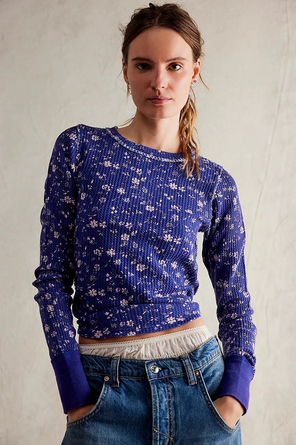 Free People Navy Combo Pretty Little Thermal Longsleeve