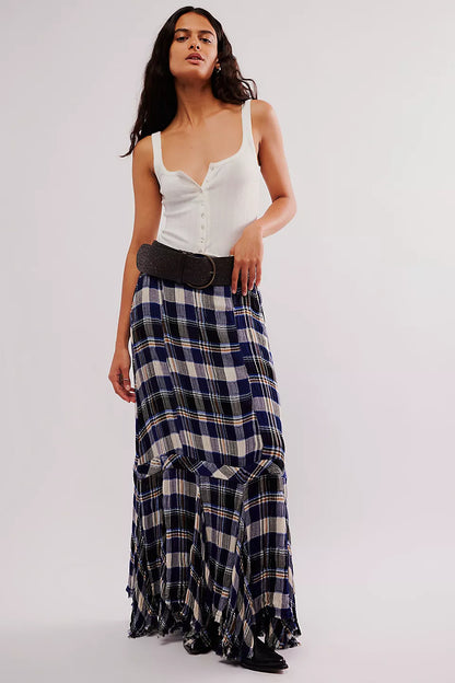 Free People Navy Combo Bordeaux Plaid Maxi Skirt